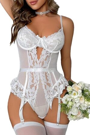 Women Garter Lingerie Set Lace Teddy Push Up Lingerie Naughty Bodysuit Exotic One Piece Babydoll(White,XXL)