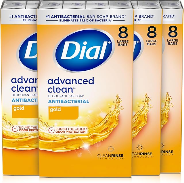Dial Antibacterial Deodorant Bar Soap, Advanced Clean, Gold, 4 Oz, 32 Bars