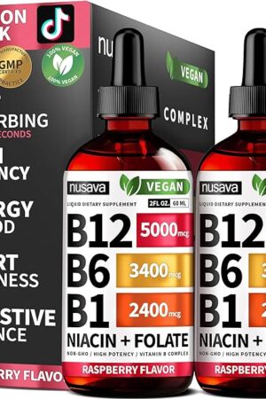 (2 Pack) Vitamin B12 and B6 Liquid Drops, B12 Sublingual Vitamin B Complex - B 12 Vitamin 5000mcg - B12 Methylcobalamin for Energy, Brain, and Heart Support with 27,200 mcg, Raspberry, 80 Servings