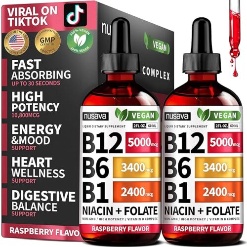 (2 Pack) Vitamin B12 and B6 Liquid Drops, B12 Sublingual Vitamin B Complex - B 12 Vitamin 5000mcg - B12 Methylcobalamin for Energy, Brain, and Heart Support with 27,200 mcg, Raspberry, 80 Servings