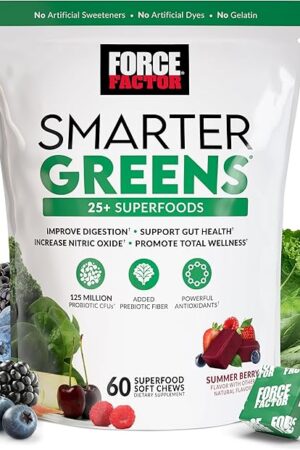 FORCE FACTOR Smarter Greens Superfood Chews, Greens and Superfoods with Probiotics, Antioxidants, and Fiber, Greens Supplement to Support Digestion, Nitric Oxide, and Energy, 60 Soft Chews