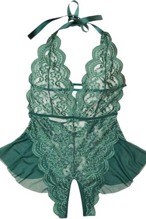 Women's Floral Lace Sheer Teddy Lingerie Bodysuit Halter Deep V Neck Babydoll Nightwear