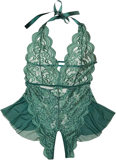 Women's Floral Lace Sheer Teddy Lingerie Bodysuit Halter Deep V Neck Babydoll Nightwear