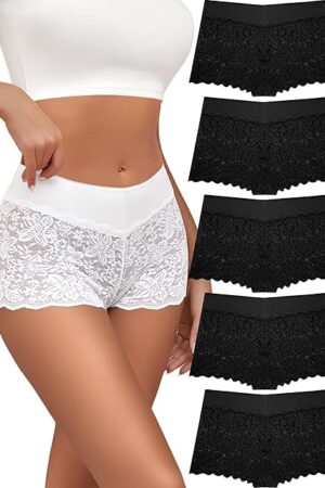 Womens Underwear Lace Boy Shorts Breathable Panties Stretch Cotton Waistband Underwear Women 5 Pack