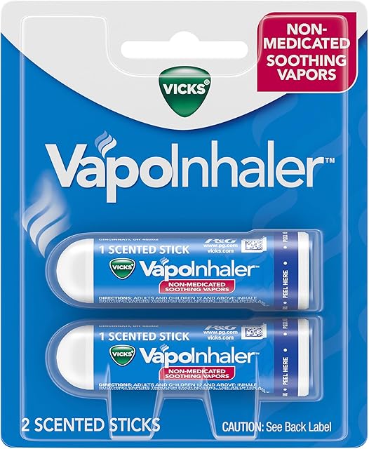 Vicks VapoInhaler, On-the-Go Portable Nasal Inhaler, Non-Medicated, With Refreshing Vicks Vapors, Menthol Scent , 2 Scented Sticks