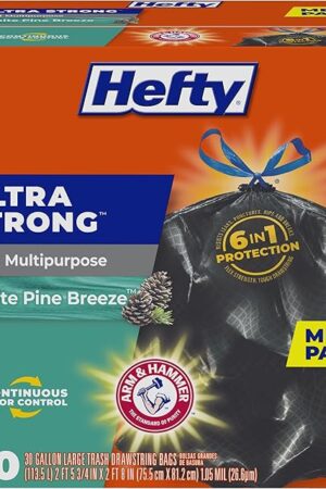 Hefty Ultra Strong 30 Gallon Trash Bags, Large Trash Bags 30 Gallon Size, Multipurpose, Break Resistant Drawstring Closure, Resists Leaks, Punctures, and Tears, Black, White Pine Breeze Scent, 50 Bags