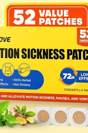 FILLOVE 52ct Motion Sickness Patches Non-Drowsy, 72H Lasting Sea Sickness Patches Cruise Essentials 2025, 100% Natural Motion Sickness Patch Travel Essentials for Car Airplane Ship Altitude Sickness