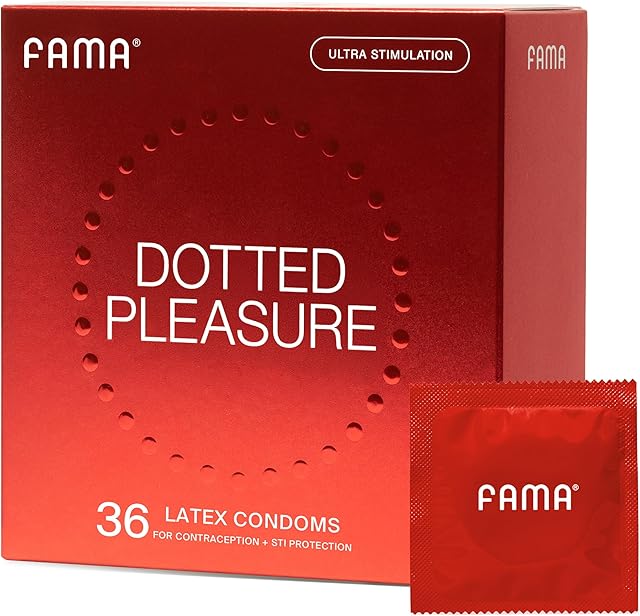 FAMA Dotted Condoms for Men,Extra Sensitive Lubricated Latex Condoms,Textured for Comfort,Man Condoms212-Inch/54 mm Diameter(36 Count (Pack of 1))