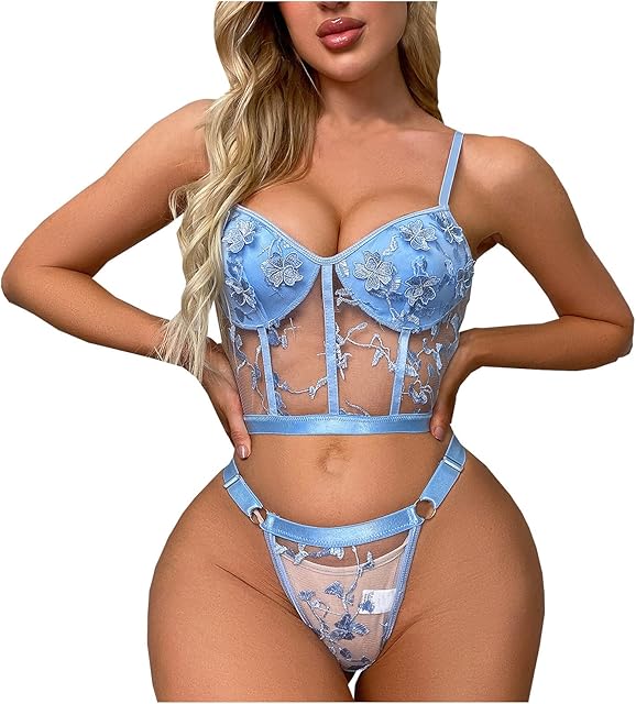 Women Sexy Lingerie Set Mesh Lace Bra and Ring Thong Panty 2 Piece Babydoll Embroidered Lace Teddy Bodysui