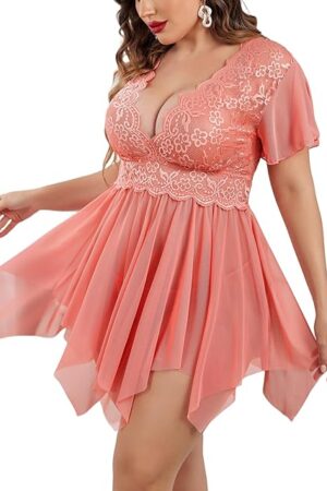 Women's Plus Size Babydoll Floral Lace Lingerie Deep V Nighty Mesh Sleepwear