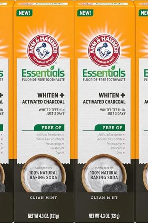 ARM & HAMMER Essentials Fluoride-Free Toothpaste Whiten + Activated Charcoal-4 Pack of 43oz Tubes, Clean Mint- 100% Natural Baking Soda