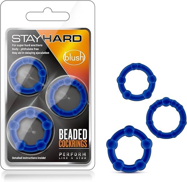 Blush Novelties Genuine Stay Hard Beaded Cock Rings in 3 Sizes - Soft, Super Stretchy - Increase Stamina - Longer, Harder, Bigger Thick Erections - Add Girth - Male Enhancement for Men, Couples - Blue