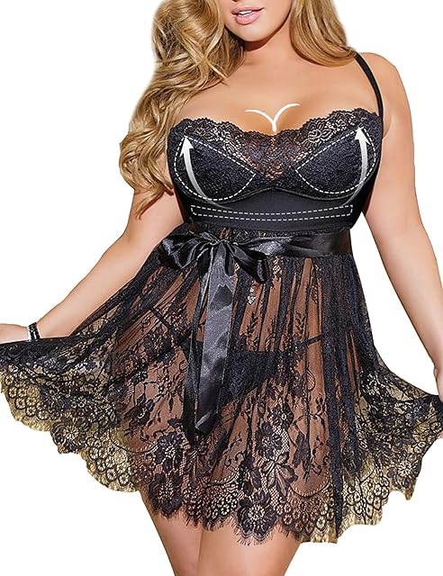 Women Plus Size Lingerie Eyelash Lace Babydoll Nightgown Big Size Sleepwear Mesh Chemise Boudoir Nightdress