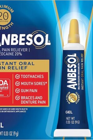 Anbesol Maximum Strength Oral Pain Relief Gel, Instant Pain Relief For Toothache Pain, Canker Sores, Sore Gums, Mouth Sores, Denture Pain, and Aligner Pain, ADA Accepted, 033 oz (packaging may vary)