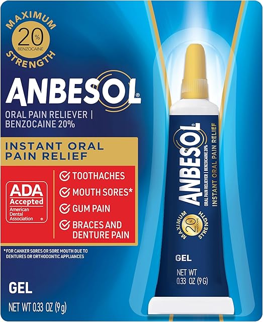 Anbesol Maximum Strength Oral Pain Relief Gel, Instant Pain Relief For Toothache Pain, Canker Sores, Sore Gums, Mouth Sores, Denture Pain, and Aligner Pain, ADA Accepted, 033 oz (packaging may vary)