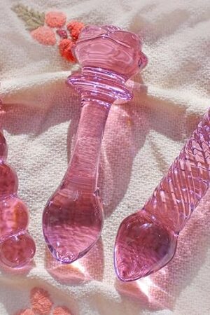 3-Piece Pink Glass Dildo Butt Plug, Crystal Rose Anal Plug Beads Dildo, Adult Anal Training Sex Toys Set for Men and Women, Three Cute Styles of Beginner Anal Wands for Varied Stimulation