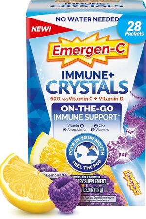 Emergen-C Immune Plus Crystals, On-The-Go Immune Support Supplement with Vitamin C, Vitamin D, B Vitamins, Zinc and Manganese, Berry Lemonade - 28 Stick Packs
