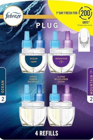 Febreze Plug In Air Freshener, Odor-Fighting Scented Oil Refill, Air Fresheners for Home and Bathroom and Kitchen, Long Lasting for Strong Odors, Ocean & Mountain Scents, 087oz Refills, 4 Count
