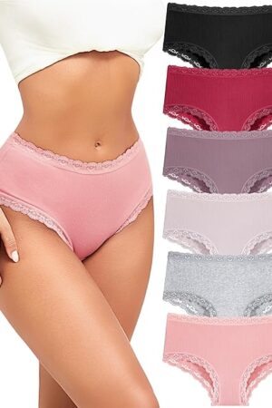 6 Pack Cotton Underwear for Women Cute Bikini Panties Sexy Lace Waist Briefs Soft Breathable Womens Cheeky S-XXL