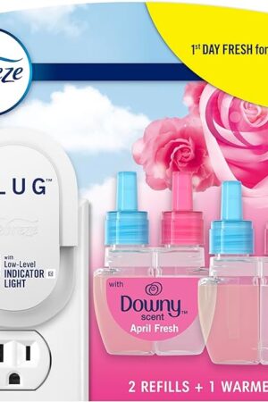 Febreze Plug In Air Freshener, Odor-Fighting Scented Oil Starter Kit, Air Fresheners for Home and Bathroom and Kitchen, Long Lasting for Strong Odors, Downy April Fresh Scent, Warmer + 2 Refill
