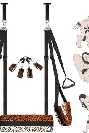 Leopard Print Door Sex Swing & Bondage Slave BDSM Set, Adjustable Shoulder Strap with Plush Seat Cushion, Sex Furniture for Women's Pleasure Adult Sex Games, Holds up to 300 lbs