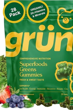 Gruns Adults Super Greens Gummies, Multivitamin Superfood Gummy Bears with Spirulina, Chlorella, Prebiotics & Fiber for Digestive Health, Adaptogens Supplement with 20 Vitamins & Minerals, 28 Count