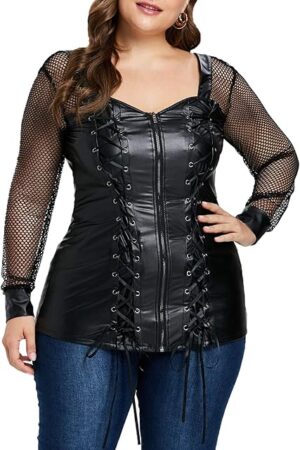 Women's Plus Size Edgy Mesh Long Sleeve Faux Leather Corset Top
