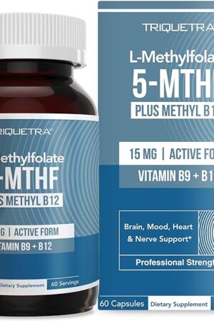 L Methyl Folate 15mg Plus Methyl B12 Cofactor ? High Potency, Active 5-MTHF Form - Supports Mood, Methylation, Cognition ? Bioactive Forms of Vitamin B9 & B12 (60 Capsules ? 60 Servings)