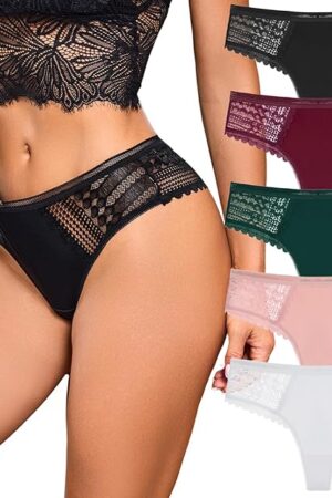 5 Pack Thong Underwear For Women Lace No Show Bikini Soft Breathe Panties Ladies Sexy Hipster