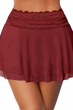 Women's Pleated Mini Skirt Lace Mesh Layered Ruffled Lingerie Short Skirts
