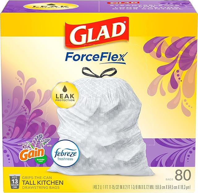 Glad Tall Kitchen Trash Bags 13 Gallon, Gain Lavender Garbage Bags, Odorshield with Drawstring, 80 Count
