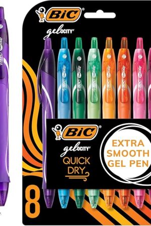 BIC Gelocity Quick Dry Assorted Colors Gel Pens, Medium Point (07mm), 8-Count Pack, Retractable Gel Pens With Comfortable Full Grip