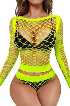 Women Sexy Mesh Lingerie Fishnet Babydoll Free Size Bodysuit See Through Shirts Long Sleeve