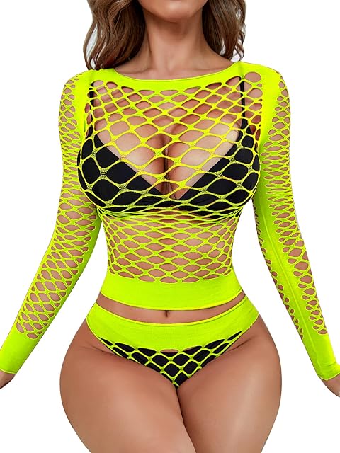 Women Sexy Mesh Lingerie Fishnet Babydoll Free Size Bodysuit See Through Shirts Long Sleeve