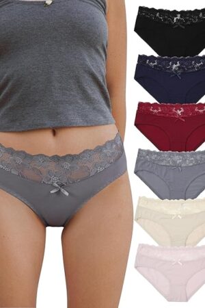 Cotton Underwear for Women Bikini Panties Sexy Breathable Hipster with Lace Waist Multipack