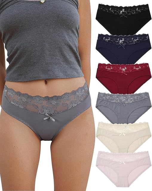 Cotton Underwear for Women Bikini Panties Sexy Breathable Hipster with Lace Waist Multipack