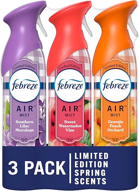 Febreze Air Mist Air Freshener Spray, Odor-Fighting Room Spray for Home, Bathroom and Kitchen, Aerosol Can, Southern Lilac Mornings, Georgia Peach Orchard, Sweet Watermelon Vine Scent, 88oz, 3 Count