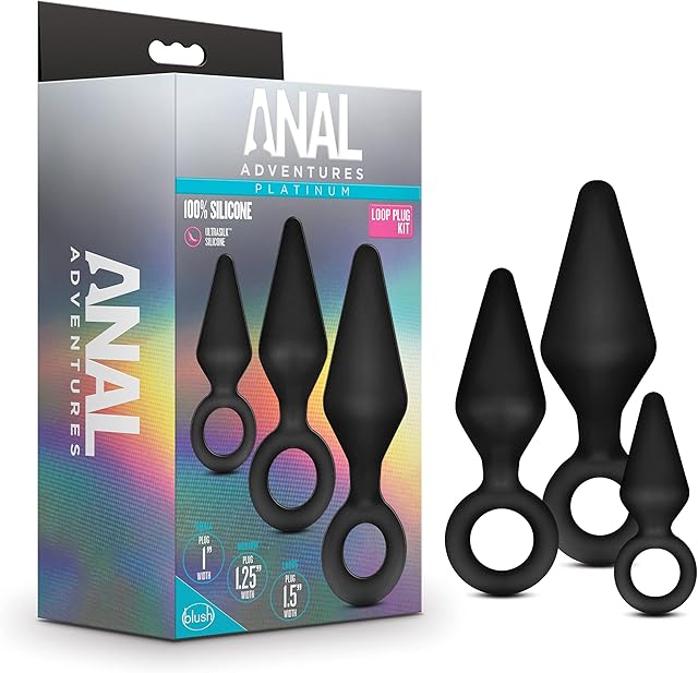 Blush Novelties Anal Adventures Platinum Ultrasilk Silicone Retrieval Ring Plug Kit - Small Medium Large Satin Smooth Butt Plug - Fragrance Free - Easy Removal - Sex Toys
