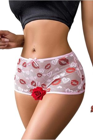 Women's Lip Print Cut Out Lace Panties Crotchless Sheer Boxer Briefs Underwear