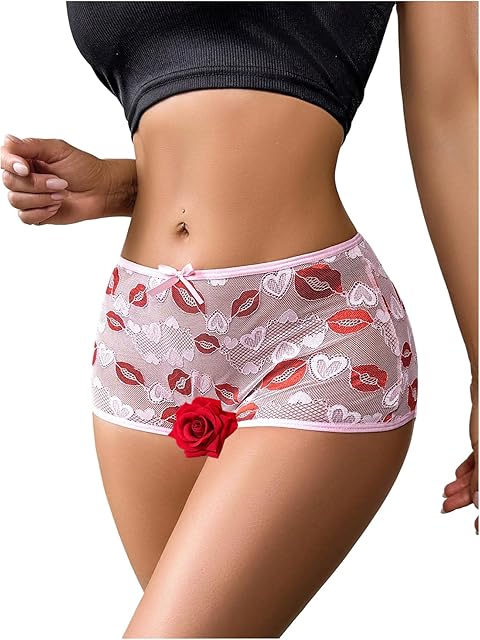 Women's Lip Print Cut Out Lace Panties Crotchless Sheer Boxer Briefs Underwear