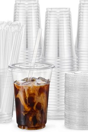 VITEVER [100 Sets - 16oz] Clear Plastic Cups with Lids and Straws, Disposable Iced Coffee Cups for Smoothie, Milkshake, Cold Drinks - BPA free
