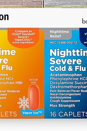 Amazon Basic Care Vapor Ice Day and Night Severe Cold and Flu Relief Caplets, Maximum Strength Medicine, Combo Pack, 48 Count