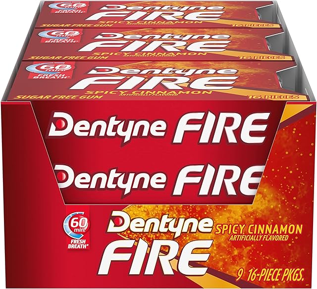 Dentyne Fire Spicy Cinnamon Sugar-Free Chewing Gum, Pack of 9 (144 Total Pieces)