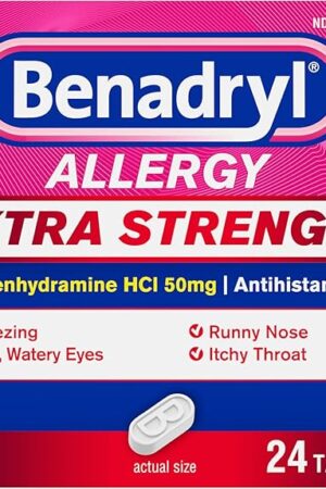 Benadryl Extra Strength Allergy Relief Medicine, 50 mg Diphenhydramine HCl Antihistamine Tablets for Relief of Allergy Symptoms Due to Hay Fever or Other Upper Respiratory Allergies, 24 ct