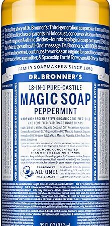 Dr Bronner's Pure-Castile Magic Liquid Soap - Made with Regenerative Organic Certified Oils- 18-in-1 Uses for Face, Body, Hand, Hair, Laundry & More- Vegan, Non-GMO- Body Wash- Peppermint,32oz