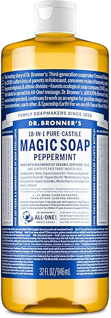 Dr Bronner's Pure-Castile Magic Liquid Soap - Made with Regenerative Organic Certified Oils- 18-in-1 Uses for Face, Body, Hand, Hair, Laundry & More- Vegan, Non-GMO- Body Wash- Peppermint,32oz