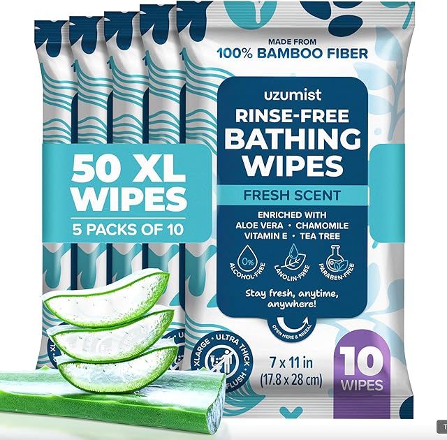 Body Wipes For Adults Bathing No Rinse 50pc XL - Ultra Thick Shower Wipes For Men Women - Personal Cleansing, Hygiene & Camping Essentials, Elderly Care, Travel, Incontinence Disposable Washcloths