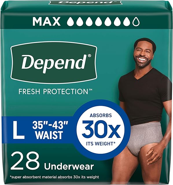 Depend Fresh Protection Adult Incontinence Underwear for Men, Disposable, Maximum, Large, Grey, 28 Count, Packaging May Vary