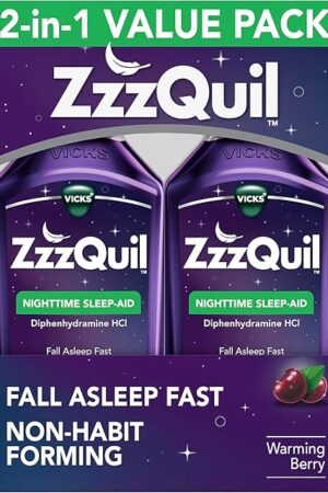 ZzzQuil, Sleep Aid, Nighttime Sleep Aid Liquid, 50 mg Diphenhydramine HCl, Fall Asleep Fast, Non-Habit Forming, Warming Berry Flavor, 12 FL OZ (Pack of 2)