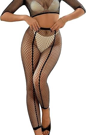 Women's Sexy Lingerie Sets Fishnet Mesh Crop Top with Stocking Tights 2 Pieces Pajamas Set Sexy Bodysuits